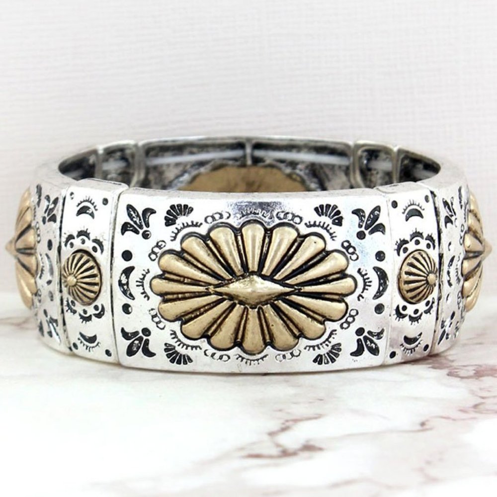 Burnished Silvertone and Goldtone Stretch Bracelet